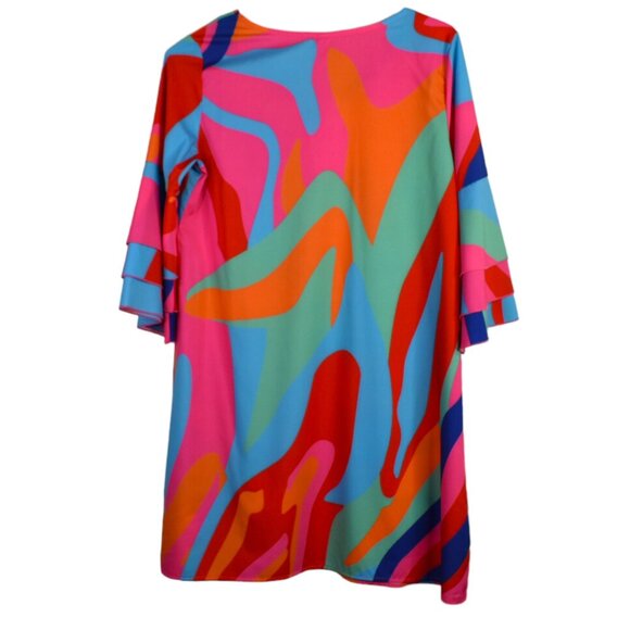 Psychedelic Printed Dress S Womens Hippie 70s Flare Sleeve Mini Multicolor - Picture 6 of 7